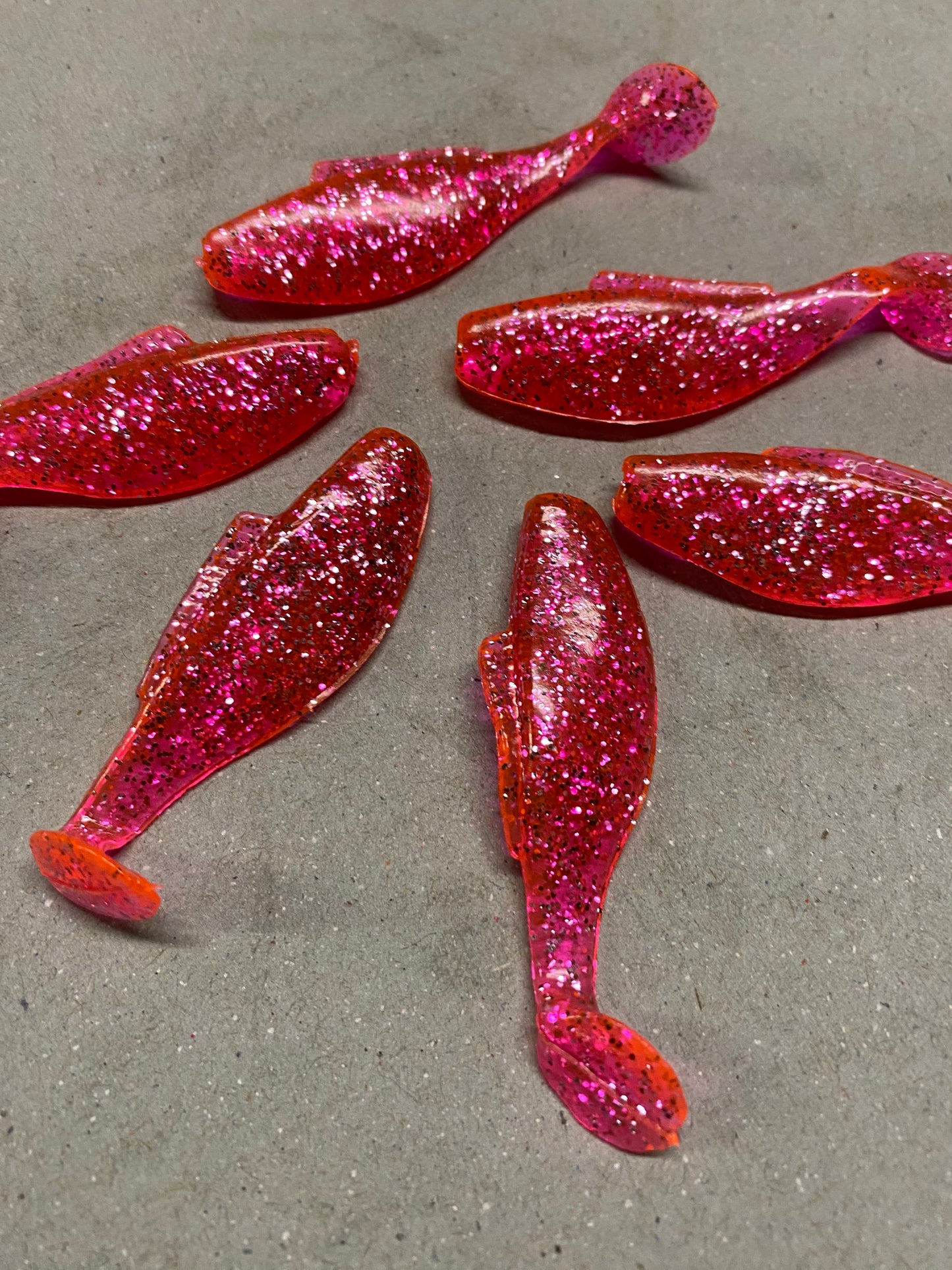 6 Pink w silver flake thin paddle tails 2in
