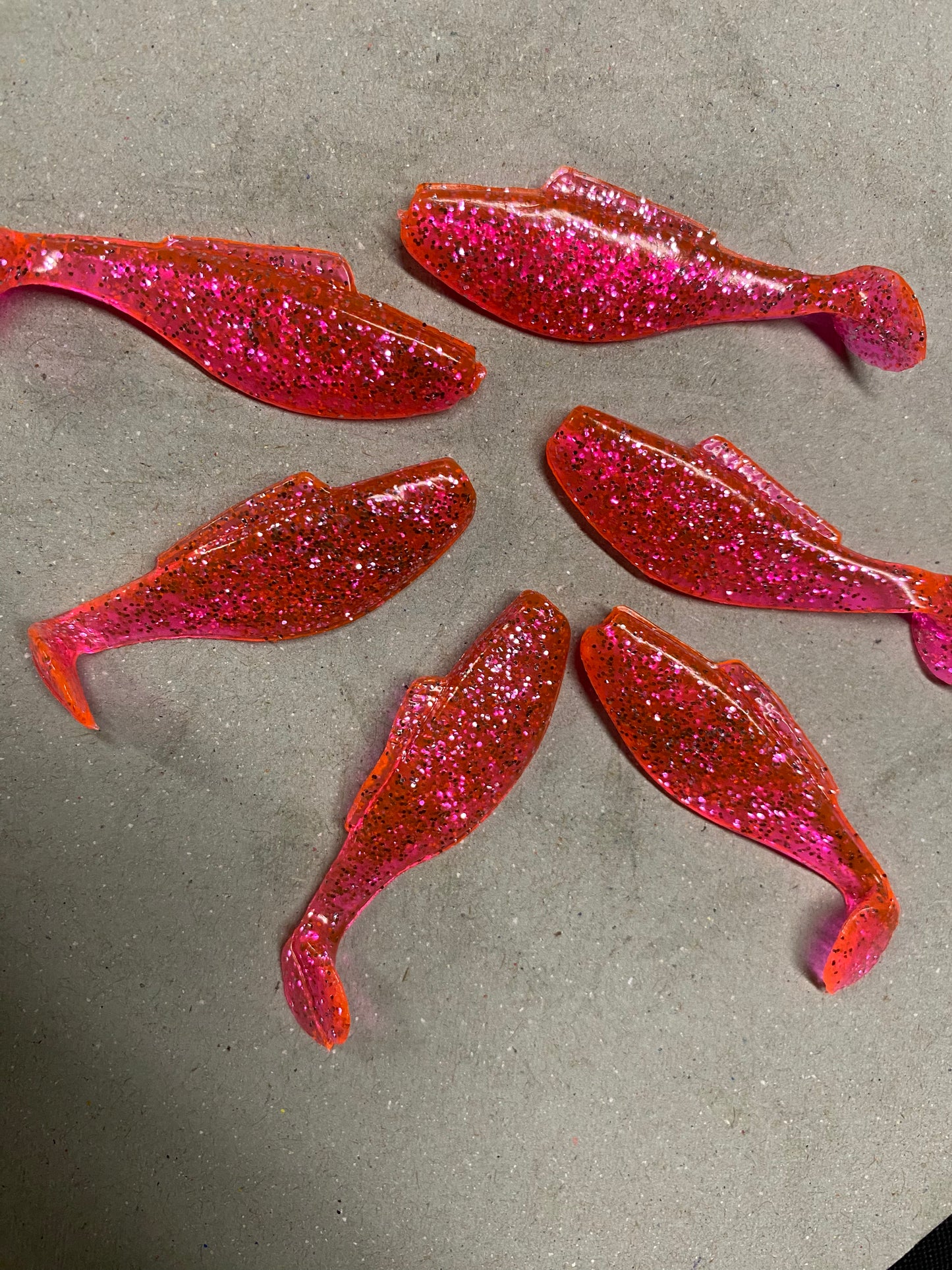 6 Pink w silver flake thin paddle tails 2in